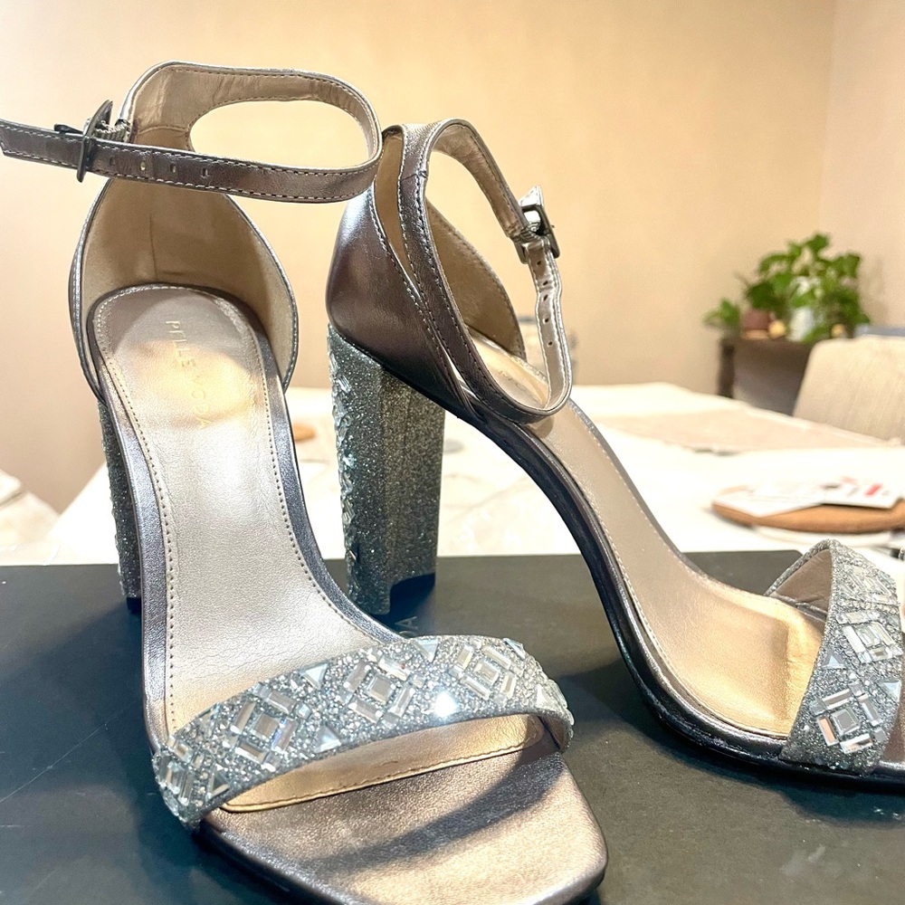 Pelle Moda Silver Gabi Ankle Strap Sandal in Pewter Fabric High Heel Sandals